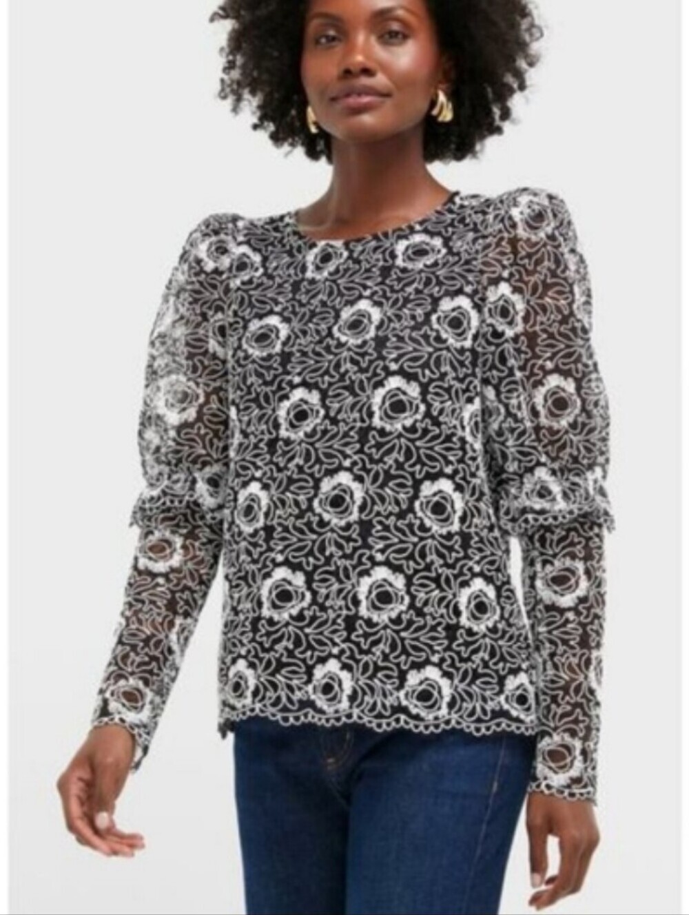 Tuckernuck Black Lace Baldwin Blouse White Floral Details Medium Ruffle Arm